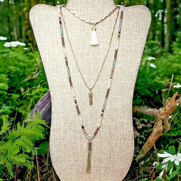 Dainty Triple-Strand Necklace With Tassels: Gold, Shades Of Brown, Blue, Ivory - Picture 1 of 7